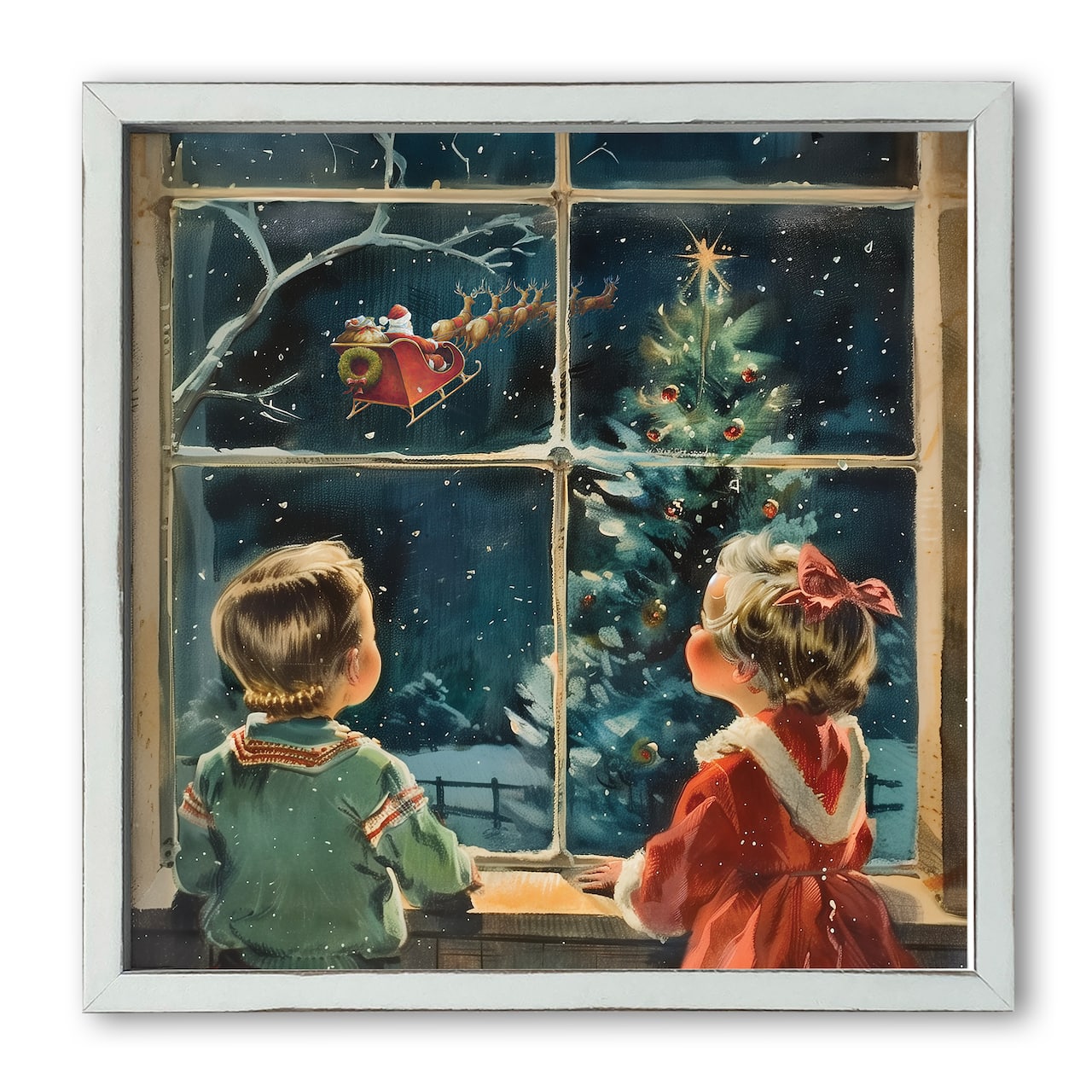 Vintage Christmas Window Scene 16" x 16" White Framed Print